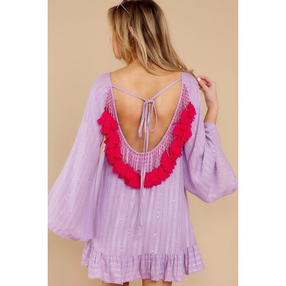 Sundress Lavender Metallic Stripe‎ Sequin Tassel Open Back Mini Dress